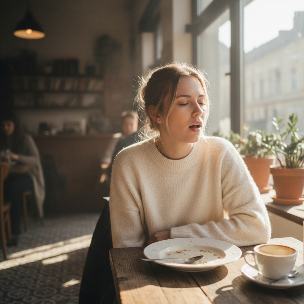 Woman yawning discreetly after finishing a meal at a sunlit cafe, a half-eaten plate of food and a glass of water in front of her.