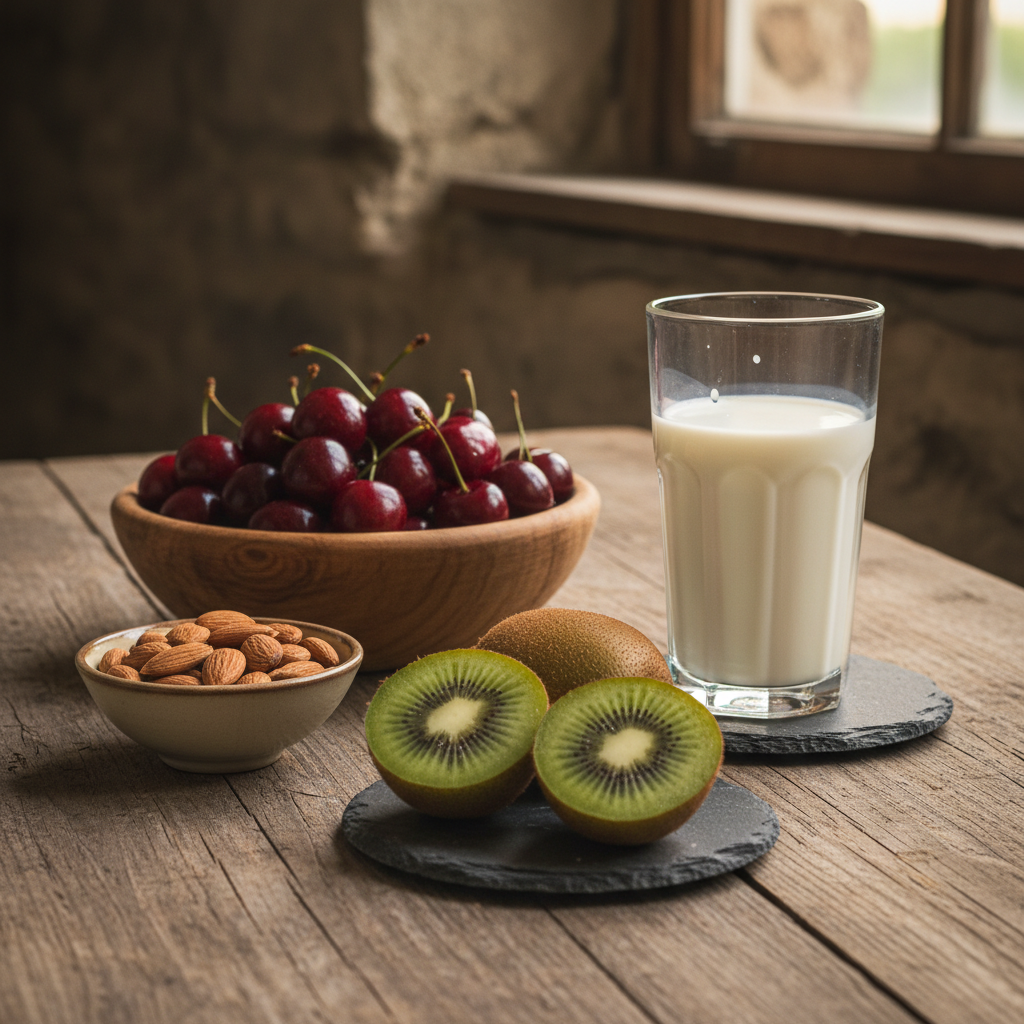 Overhead shot of a rustic wooden table with a bowl of tart cherries, a kiwi sliced in half, a small dish of almonds, and a glass of milk, all bathed in soft, warm evening light, suggesting a calming pre-bedtime snack.