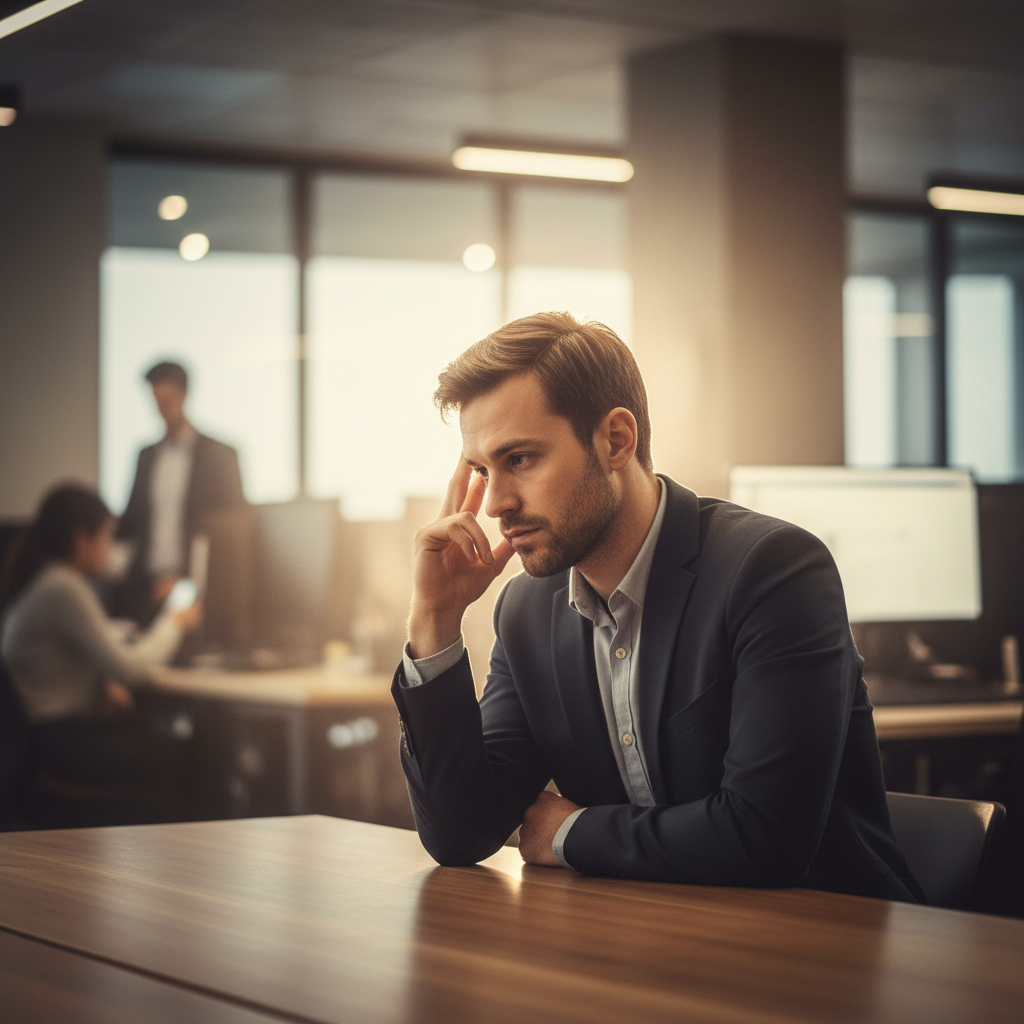 A person looking thoughtful, with a hand to their head, surrounded by a soft, hazy light, representing brain fog.
