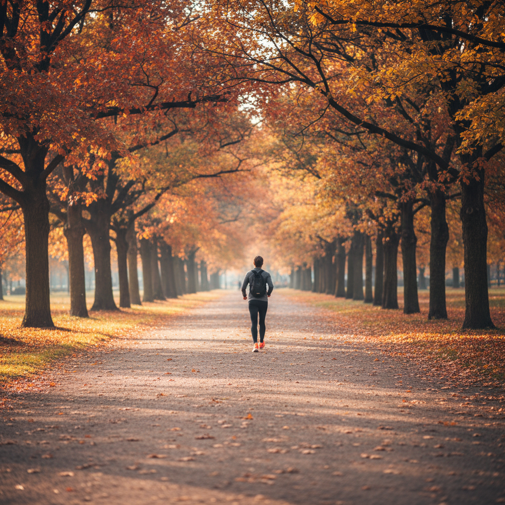 A person walking briskly on a tree-lined path in a park, sunlight filtering through the leaves.