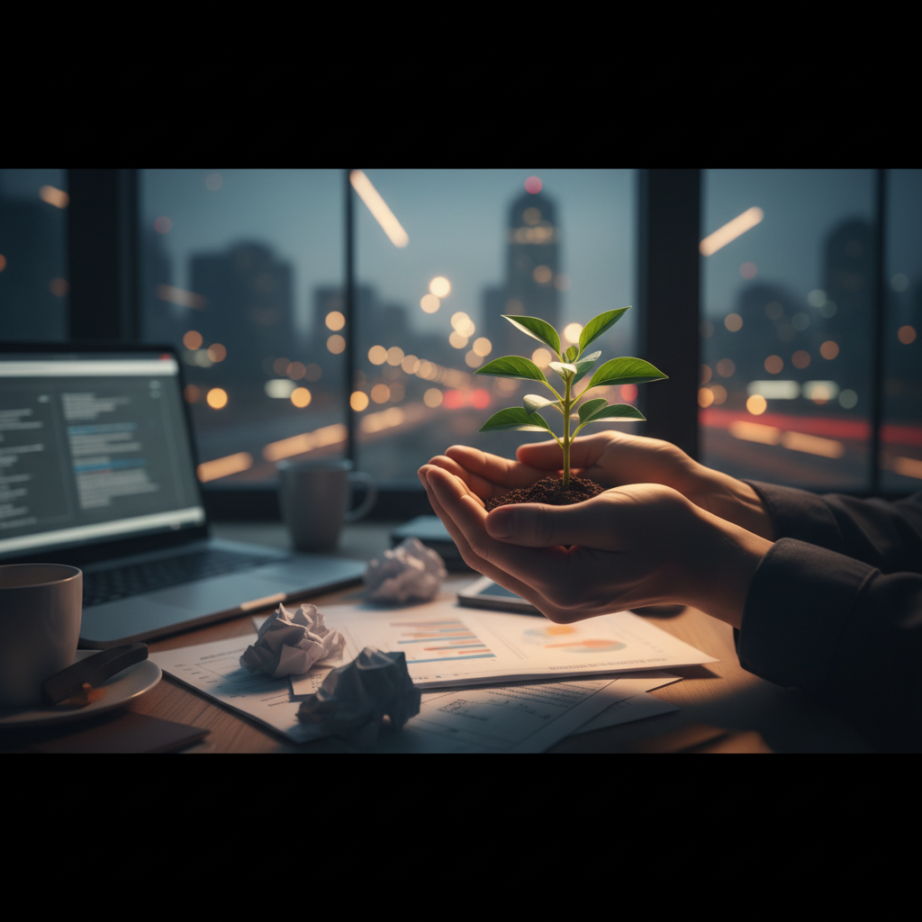 Close-up of a person's hands gently holding a small green plant, symbolizing calm and stress reduction amidst a slightly blurred, busy background.