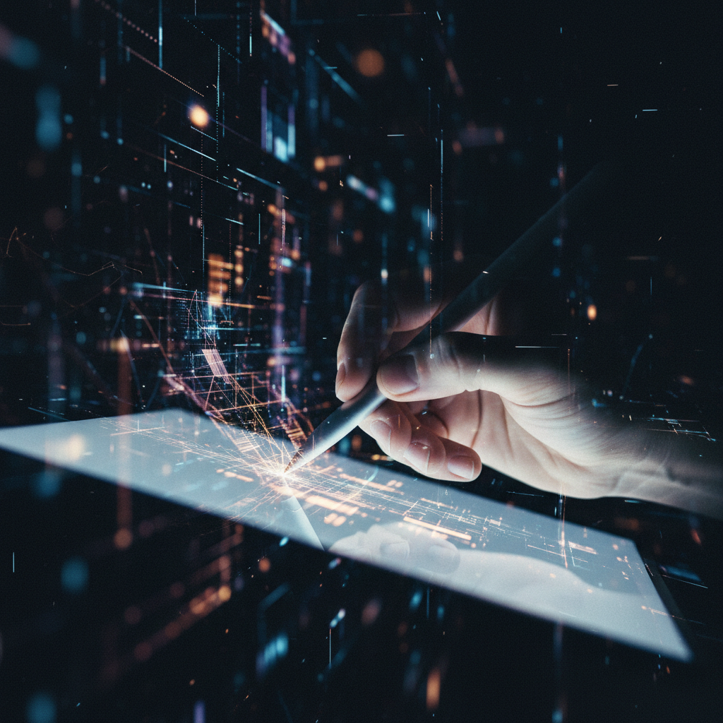 A close-up of a human hand sketching on a digital tablet, with abstract, luminous AI-generated patterns swirling subtly in the background, representing the fusion of human touch and artificial intelligence.