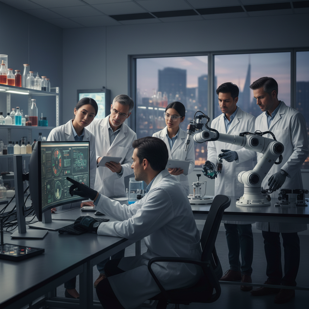 A diverse team of engineers and scientists in a modern laboratory, collaborating with a robotic arm on a complex project, representing human-machine partnership.