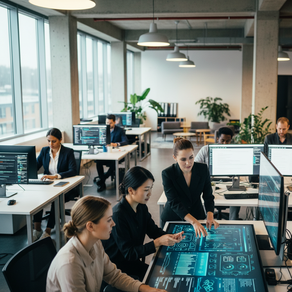 A diverse group of professionals in a modern, sunlit office collaborating, with subtle digital overlays suggesting AI assistance and data analysis on their screens.