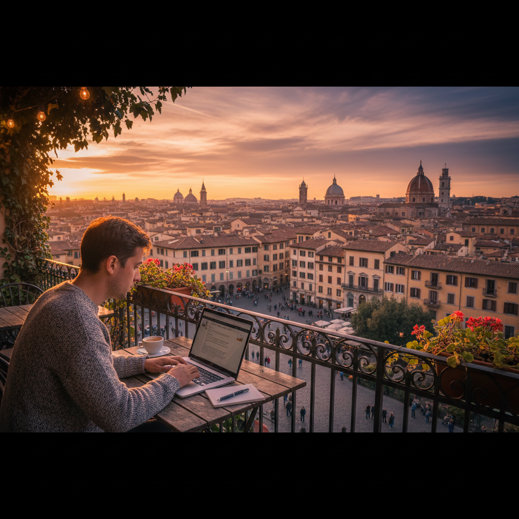 A person working on a laptop from a scenic cafe balcony overlooking a vibrant city at sunset, symbolizing digital nomadism.