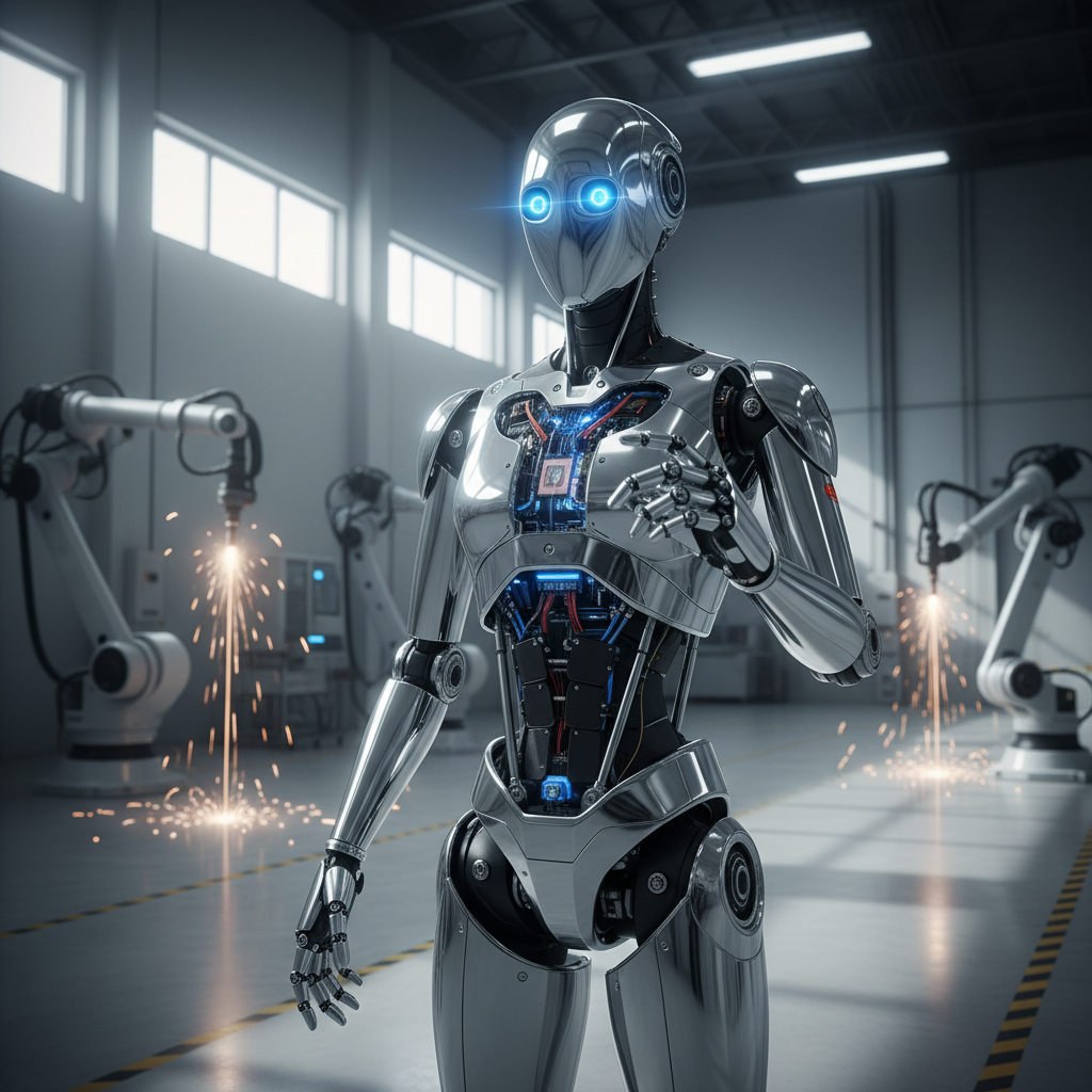 A sleek, modern humanoid robot standing confidently in a bustling factory setting, illuminated by the glow of machinery, symbolizing the future of automation and human-robot collaboration.