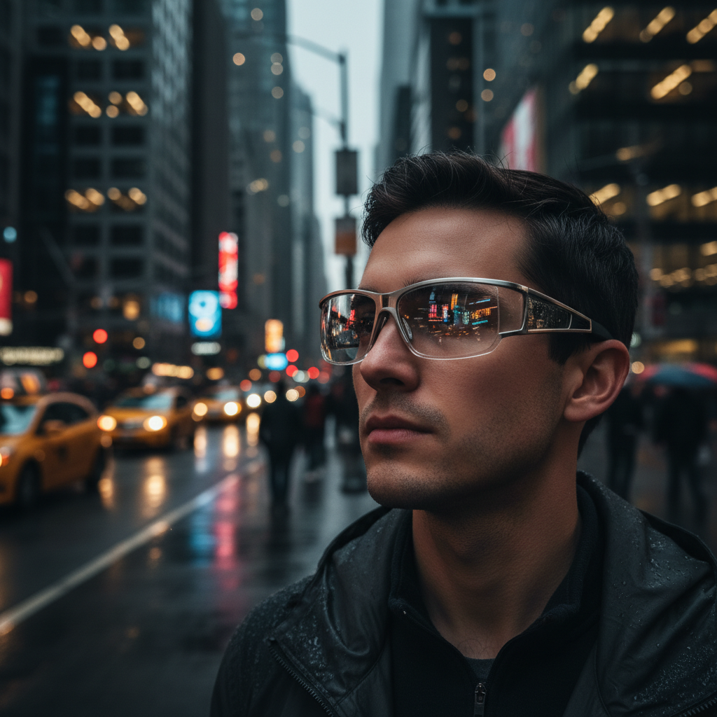 A person wearing sleek, modern smart glasses in an urban environment, with subtle digital overlays visible on the lenses, blending technology with everyday life.