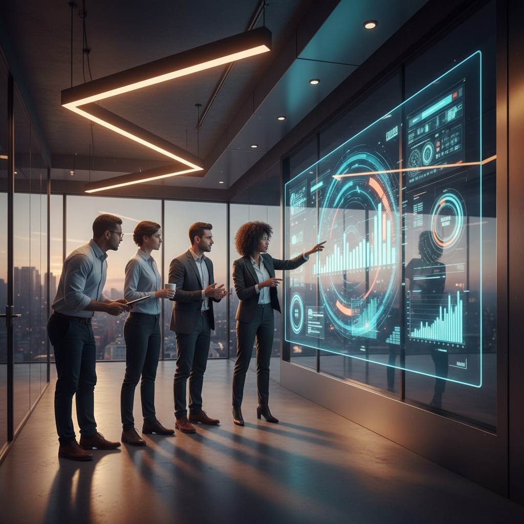 A diverse group of professionals collaborating in a modern office, some looking at screens displaying data visualizations, symbolizing human-AI collaboration in the workplace.