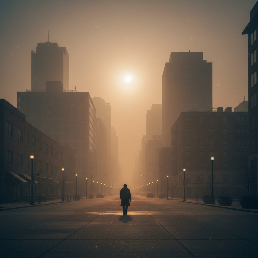 Hazy cityscape at sunrise with a lone figure walking, emphasizing the pervasive nature of air pollution and its impact on urban life.