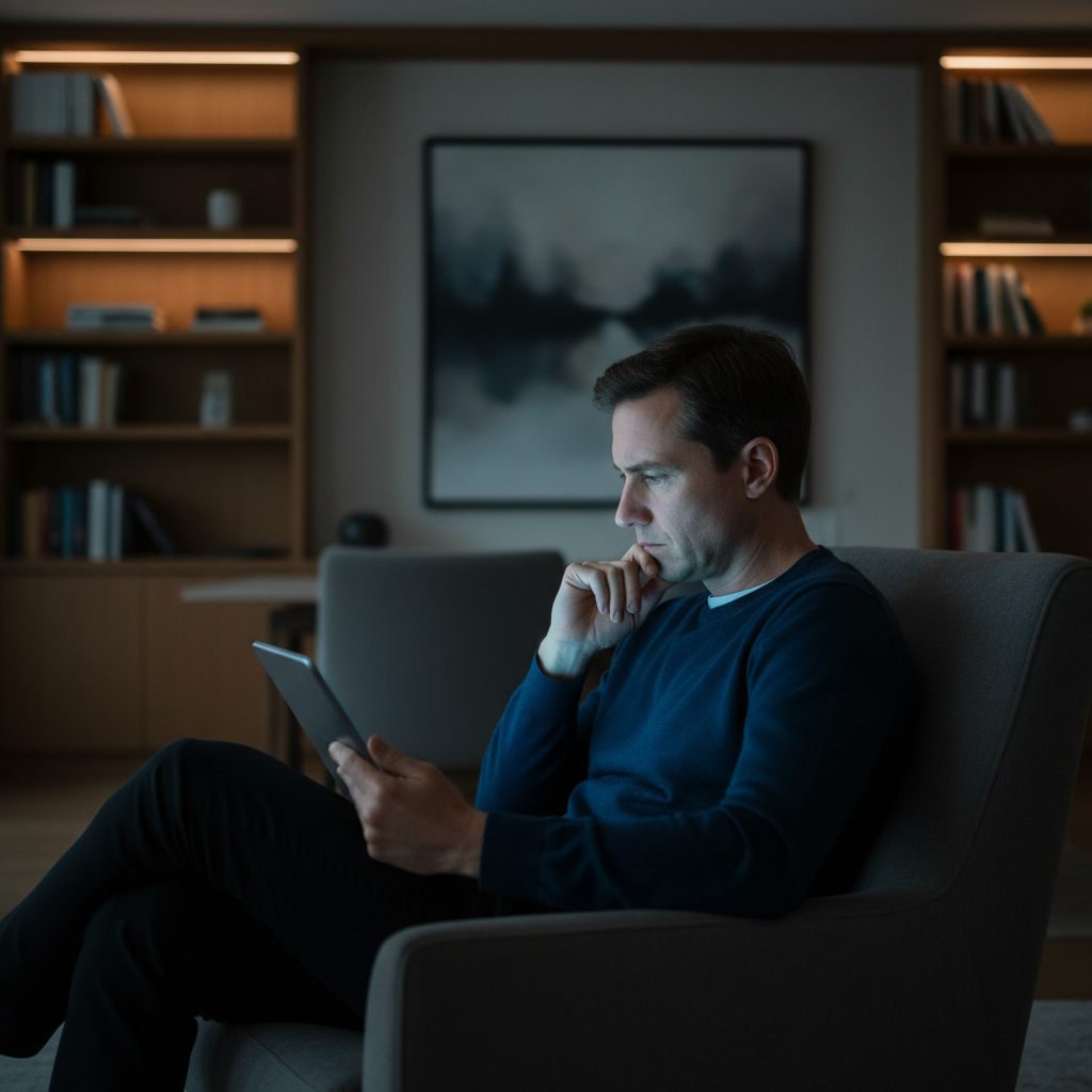 A thoughtful person looking at a digital tablet with a subtle glow on their face, surrounded by a slightly blurred background of modern technology.