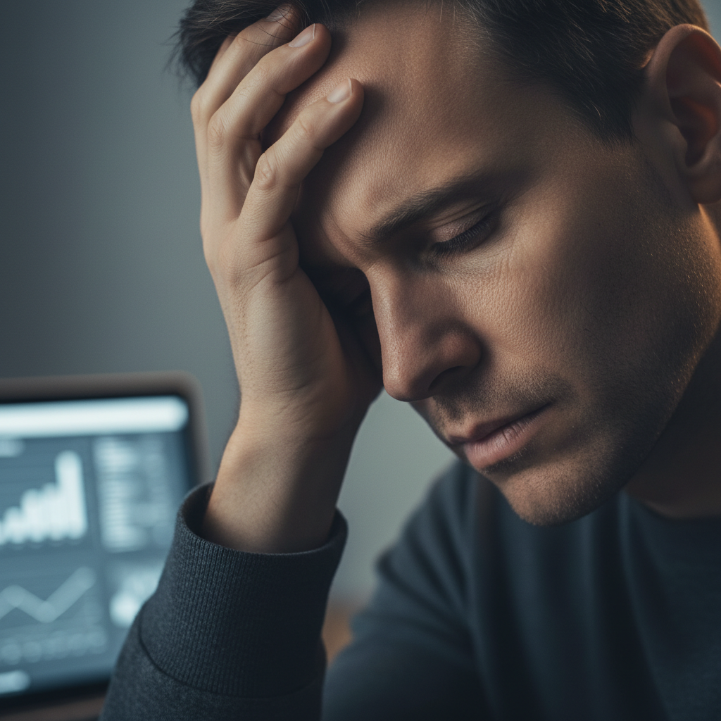 Close-up of a person looking tired and thoughtful, resting their head on their hand while working on a laptop in a dimly lit office, conveying mental exhaustion.