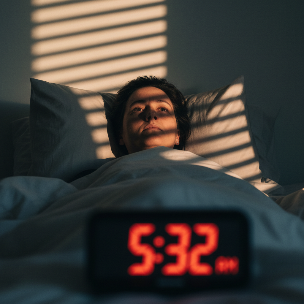 Woman lying in bed, eyes open, looking exhausted in the early morning light, a digital alarm clock faintly glowing on a bedside table.