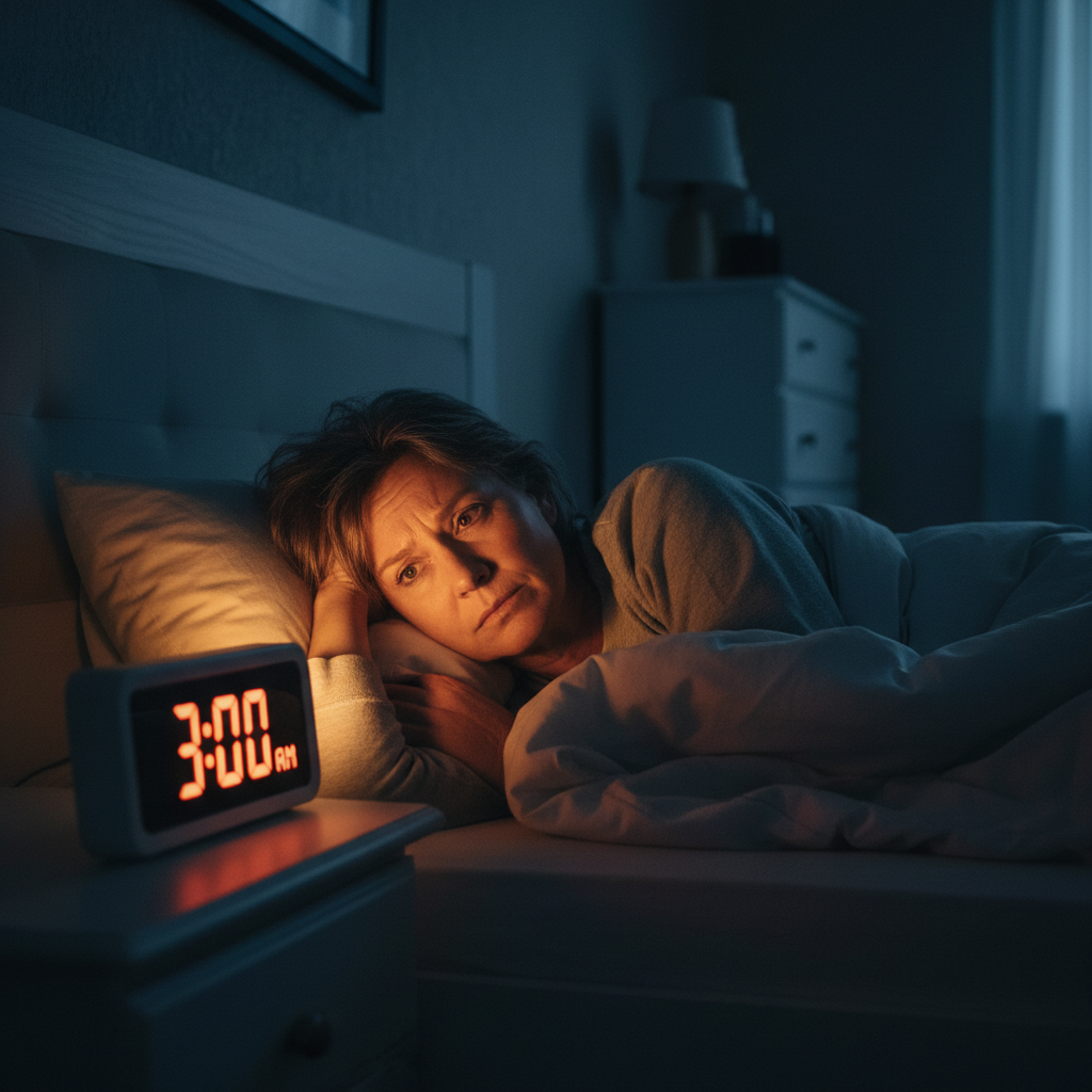 A person looking at a digital alarm clock displaying 3:00 AM, illuminated by a soft, cinematic glow in a dimly lit bedroom, feeling a mix of frustration and quiet thought.