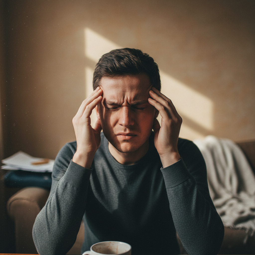 A person looking thoughtful, with a hand to their head, surrounded by a soft, hazy light, representing brain fog.