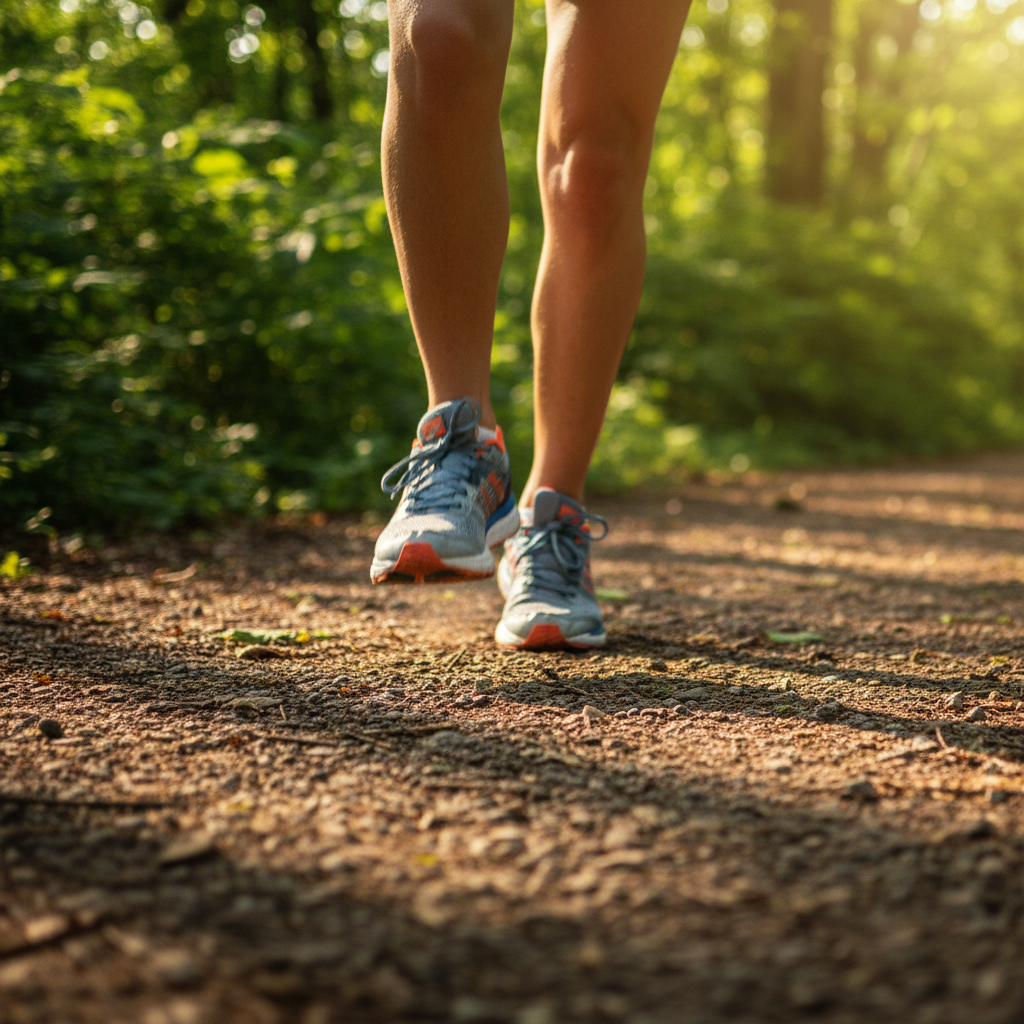 A person walking briskly on a tree-lined path in a park, sunlight filtering through the leaves.