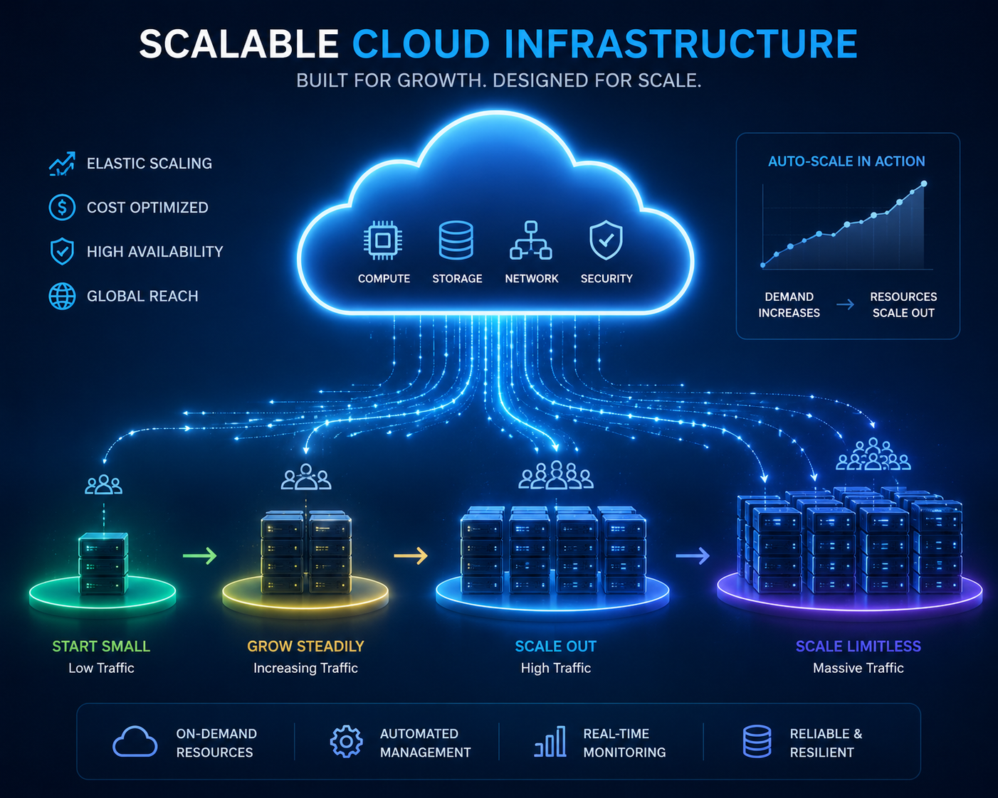 Visualization of scalable cloud infrastructure with expanding servers and data flow representing system growth