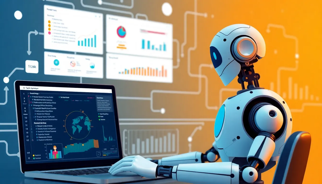 Software bots automating business processes across digital systems with workflow dashboards and task automation