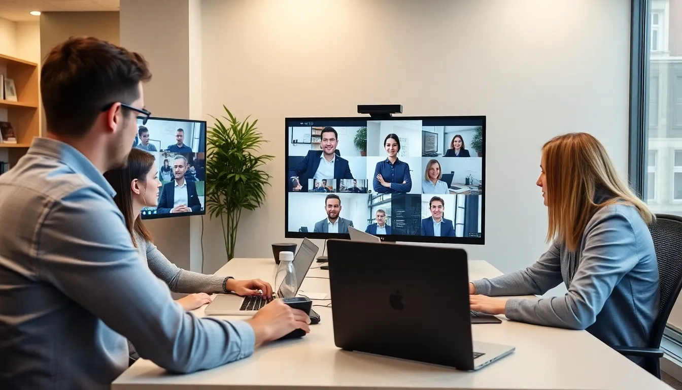 Professionals working remotely and in hybrid offices connected through video conferencing and digital collaboration tools