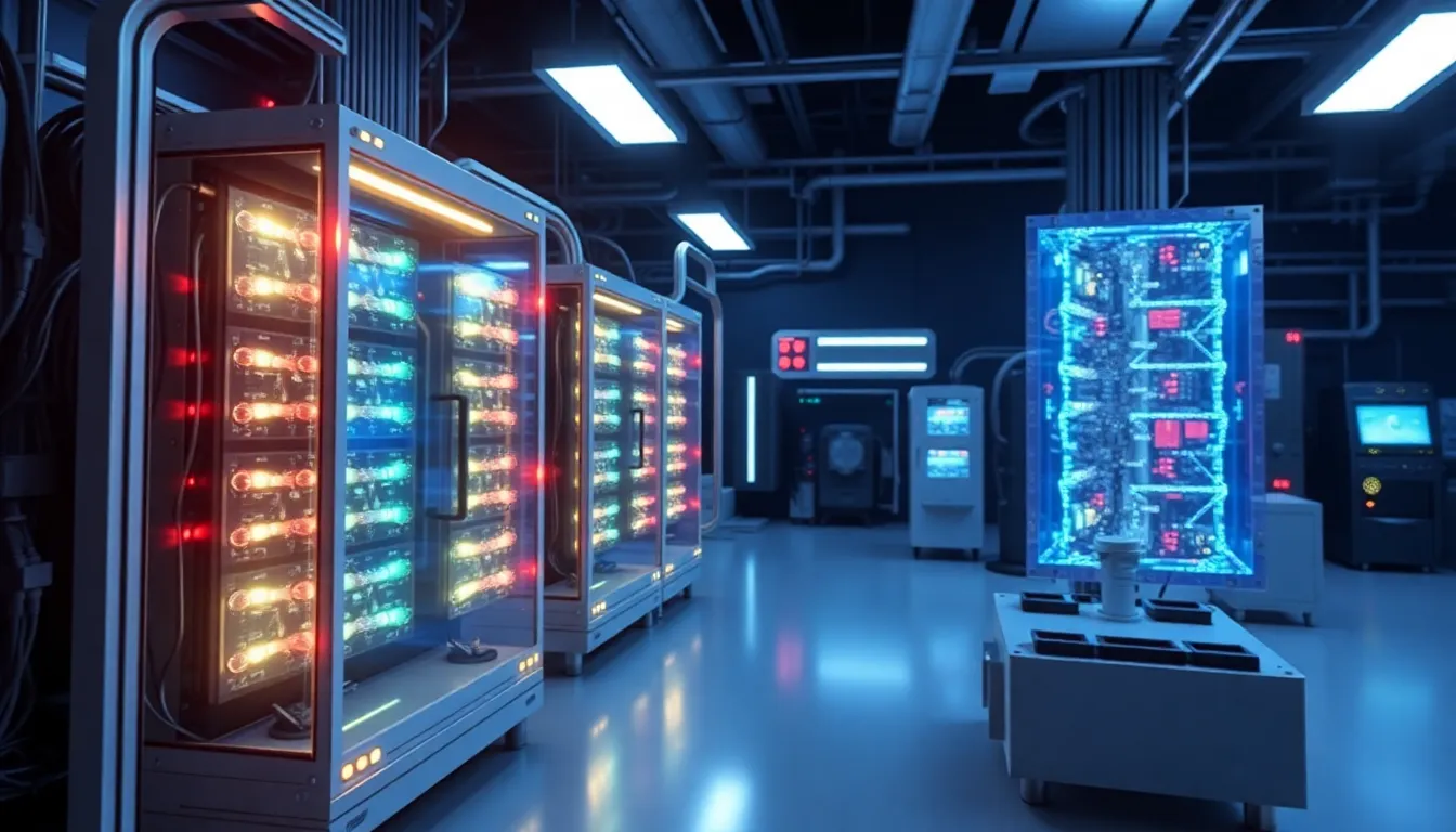 Futuristic quantum computer system with glowing qubits and advanced laboratory setup showing the concept of quantum computing technology.