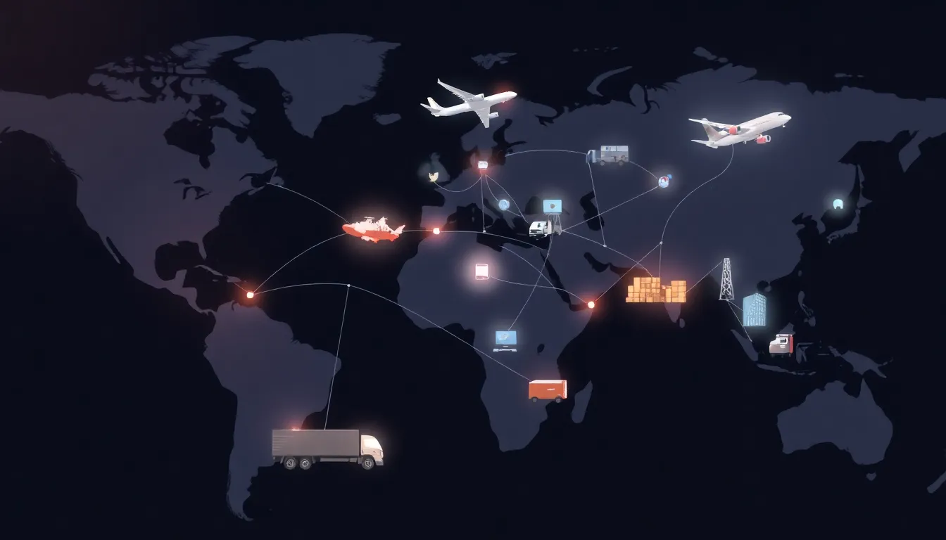 Global supply chain network with ships, planes, trucks, and warehouses connected through digital systems across a world map