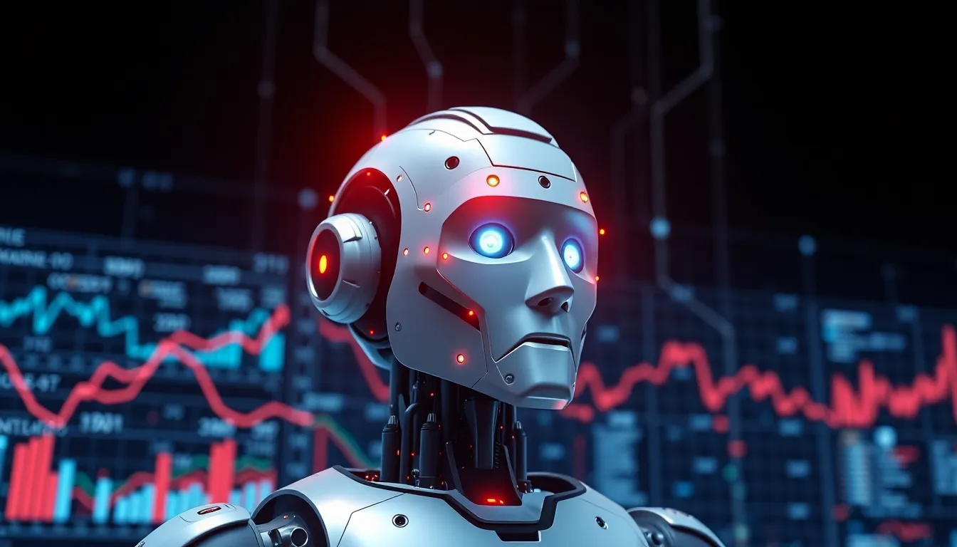 AI system analyzing data streams with machine learning models and predictive analytics dashboards