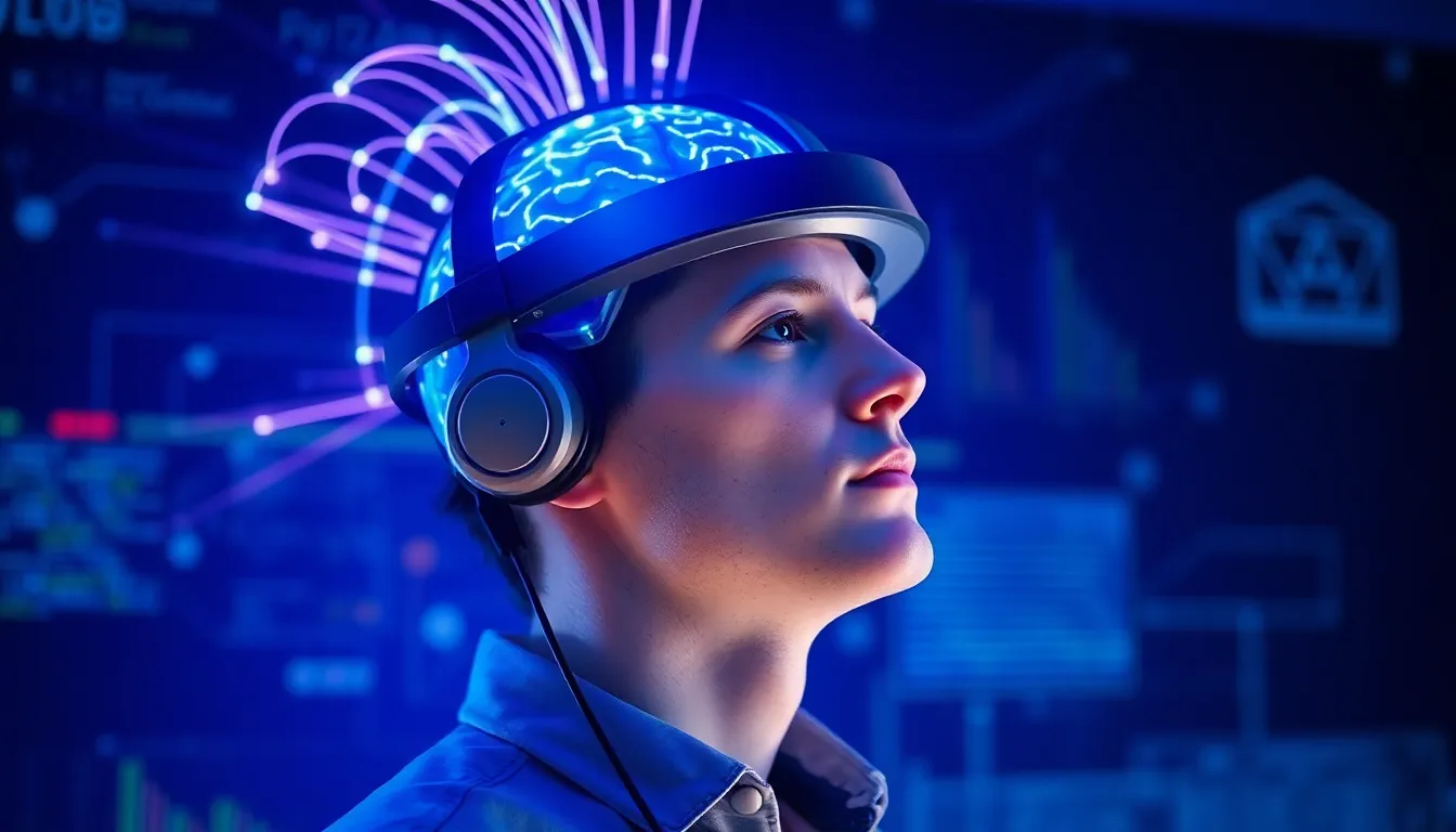 A person using a brain-computer interface headset to control digital devices through thought-based signals.