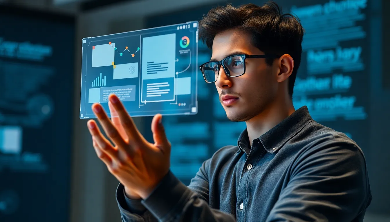 A student using a holographic interface for augmented learning, demonstrating active engagement with digital information.