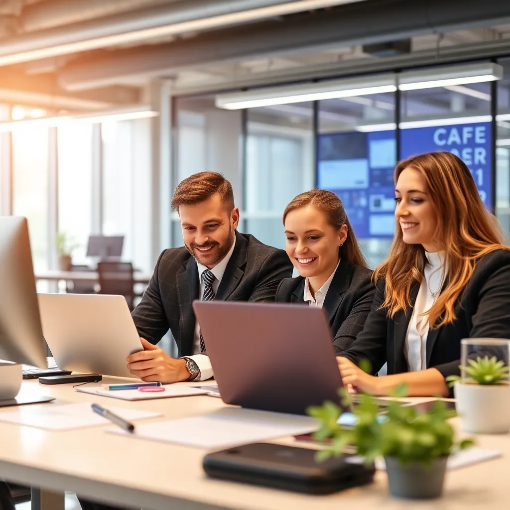 Business professionals using automated workflow software in a modern office environment