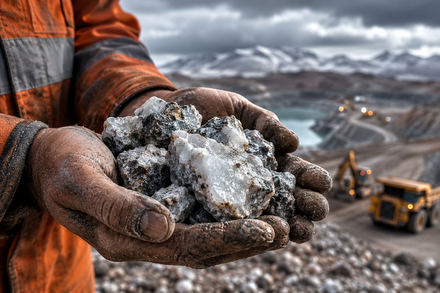 Dramatic close-up of a worker's hands holding raw mineral rocks, possibly lithium ore, with a blurred industrial mining landscape in the background under an overcast sky.