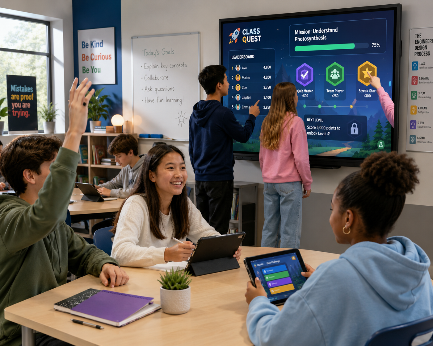 A group of diverse students in a modern classroom, some smiling and actively participating with tablets, while others interact with a large interactive screen displaying game-like elements such as points and progress bars.