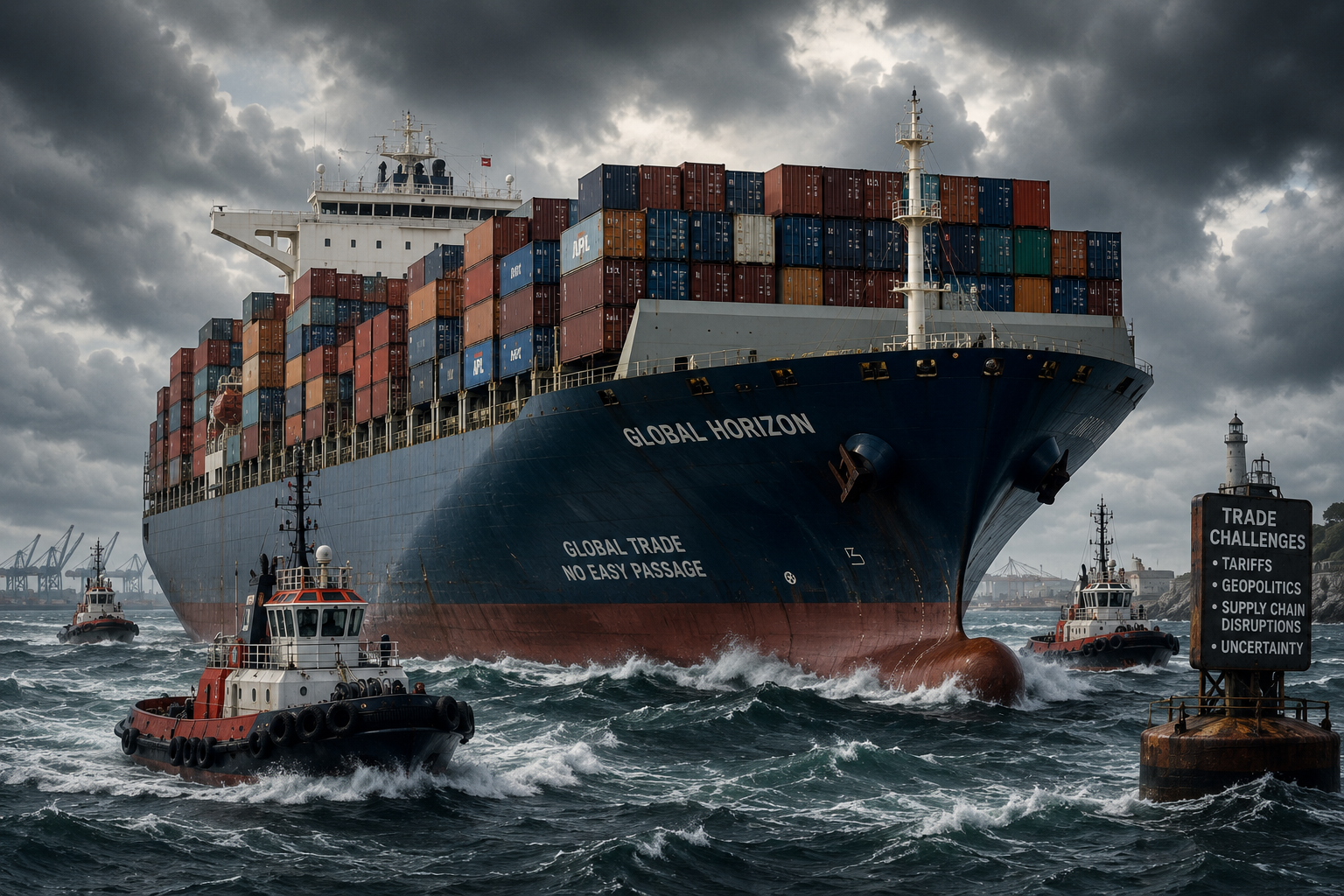 A large cargo container ship sailing through choppy waters, surrounded by smaller tugboats, symbolizing global trade challenges.